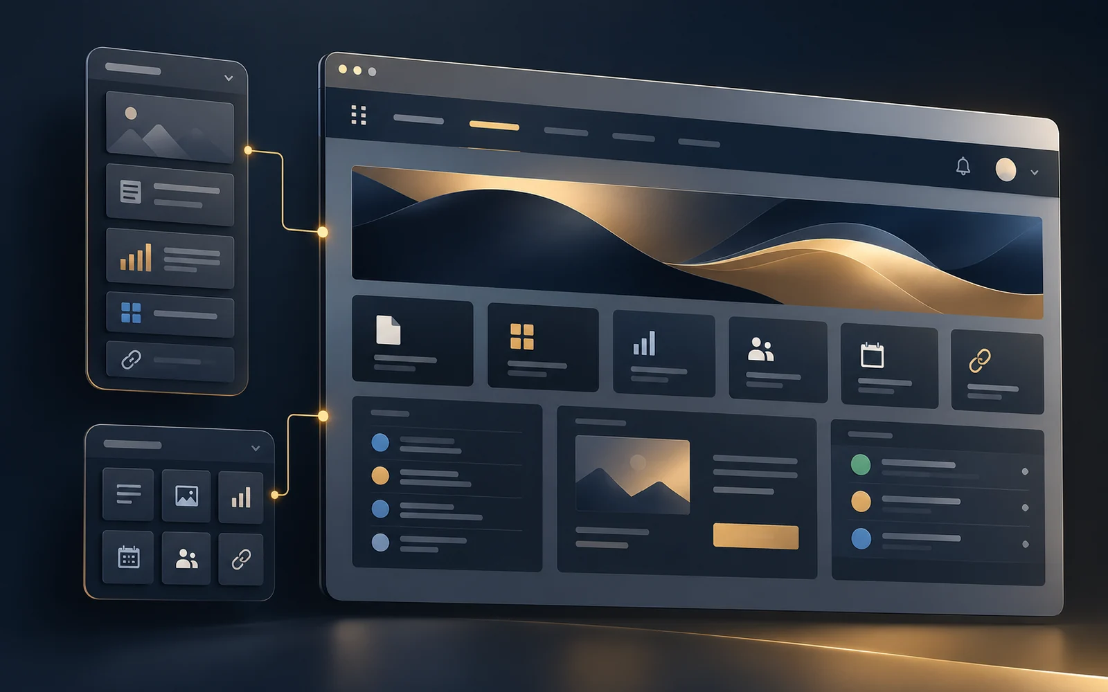 Illustration of reusable SharePoint web parts, navigation and notification components connected within a modern digital workplace.